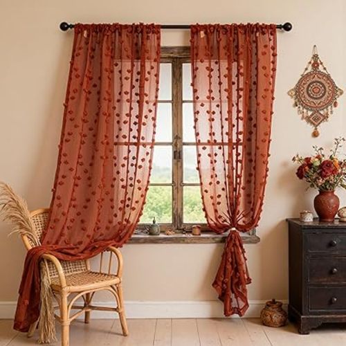 MYSKY HOME Terracotta Boho Sheer Curtains with Pom Pom 50Wx84L,2 Panels
