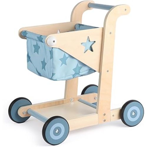 Asweets 2 in 1 Wooden Baby Walker Push and Pull Doll Stroller, Shopping Cart Learning Walker for Boys and Girls, Sit Stand Learning Toddler Toy (Blue)