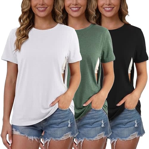 Ecavus Women's 3-Pack Nursing Shirts for Breastfeeding with Hidden Zippers Loose Fit Maternity Tops