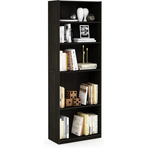 Furinno JAYA Book Shelf, 5-Tier Bookshelf, Bookcase with Adjustable Shelves, 9.5" x 24.5" x 71.2", for Organization and Storage, for Living Room, Bedroom, Home Office, Espresso