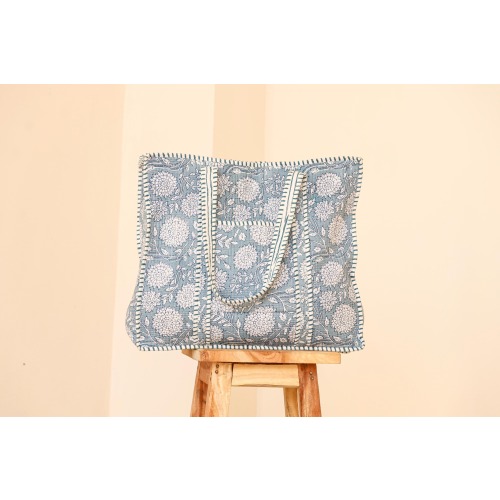 Handcrafted Floral Quilted Tote Bag, Blue Cotton Shoulder Bag, Block Print Carryall, Everyday Market & Travel Bag | Eco-Friendly Carryall