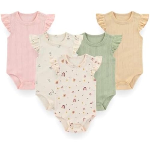 Newborn Baby Flutter Sleeve Cotton Bodysuits 5-Pack Unisex Soft Baby Clothes Gift for Boys Girls