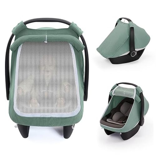 Blissful Diary Baby Car Seat Cover, Extra Large Mesh Window, Breathable Muslin Cotton, Infant Windproof Canopy, Must-Have Baby Gift - Roman Green