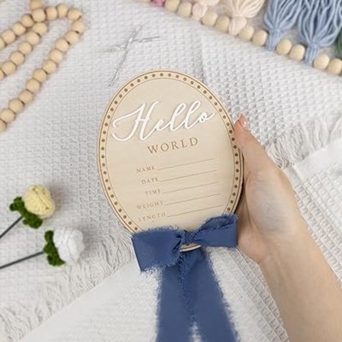 Baby Announcement Sign 6.5 Inch Wooden Hello World Newborn Welcome Sign Birth Name Plaques for Photo Props Shower Hospital Nursery (Blue Bow)