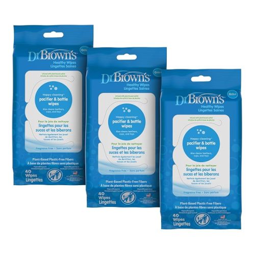 Dr. Brown's Bottle and Pacifier Healthy Wipes, Safely Clean Bottles, Baby Items, and Feeding Essentials, Hypoallergenic, 40 count, 3-Pack (Packaging May Vary)
