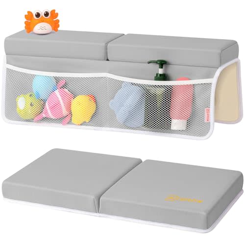 Bath Kneeler and Elbow Rest Pad Set - Comfortable 1.5” Thick Baby Bath Kneeler Pads with Toys Organizer, Non-Slip Knee Arm Support Bathtub Mat, Quick-Drying Kneeling Pad for Baby Bath Time