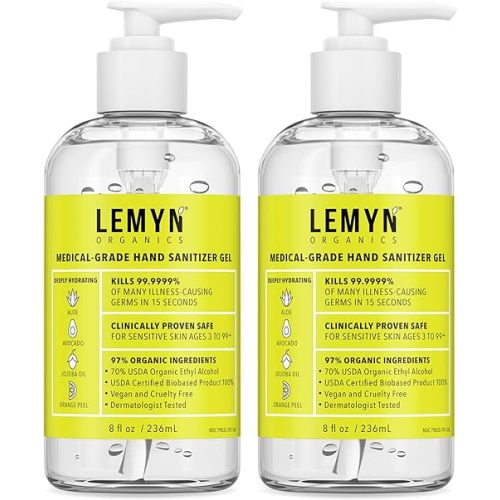 Medical‑Grade Hand Sanitizer Gel – 97 % Organic | 70 % USP Ethyl Alcohol | Moisturizing Aloe + Hyaluronic Acid | Freshly Made in USA | 8oz Bottle with Pump (PACK OF 2)