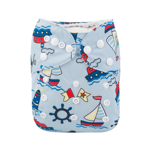 All In One Diaper with Pocket Sewn-in one 4-layer Bamboo blend insert Sailboat(AO-YA126A)