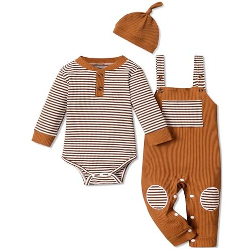 Sislerew Baby Boy Outfits Stripe Print Romper Top and Baby Overalls with Hat Baby Boy Clothes Fall Winter