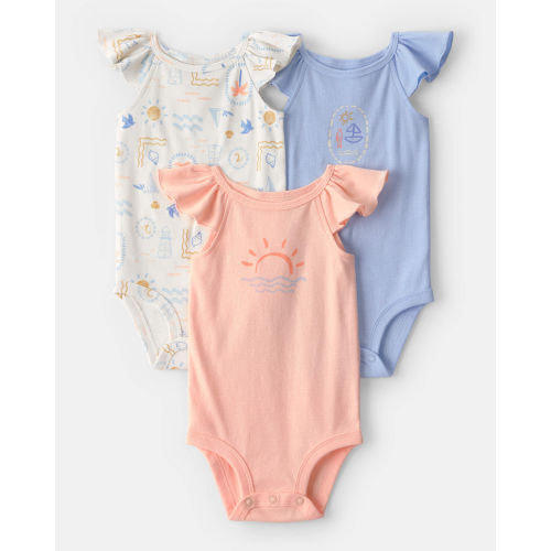 12-mo Baby Girl 3-Pack Beach Flutter-Sleeve Multipack Bodysuits - Orange/Blue/Ivory