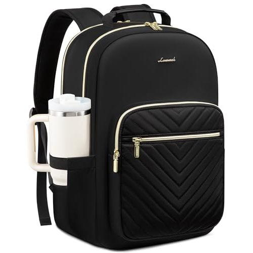 LOVEVOOK Laptop Backpack for Women with Giant Tumbler Holder 15.6 inch,Designer Travel Backpack Laptop Bag College Backpack,Quilted Work Nurse Teacher Backpack Purse Computer Bag Casual Daypack, Black