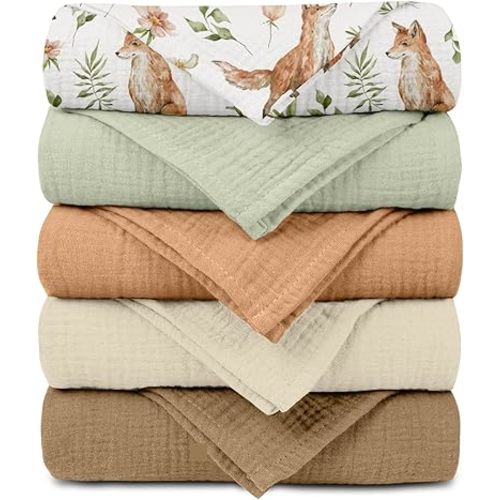 Muslin Receiving Blankets, Neutral Blanket Swaddling for Newborn Boys and Girls, 5 Pack Breathable and Skin-Friendly Swaddle Wrap for Infant Baby (Forest Fox)