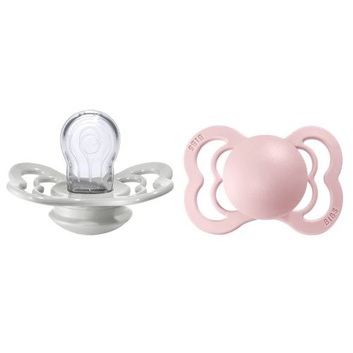 BIBS Supreme Baby Pacifier 2-Pack | Made in Denmark | BPA Free Dummy Soother, Symmetrical Nipple. Silicone, Size 1 (0-6 Months), Haze/Blossom