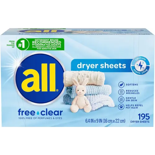 all Fabric Softener Dryer Sheets for Sensitive Skin, Free Clear, 195 Count