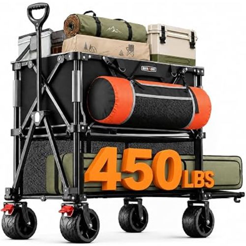Overmont 400L Double Decker Wagon Cart, Heavy Duty 450lbs Folding Utility Wagon with 47" Extended Shelf, All-Terrain Collapsible Wagon for Camping, Sports Events, Tailgating & One-Trip Hauling