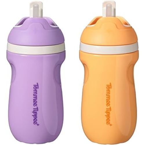 Tommee Tippee Insulated Sporty Spill-Proof Straw Cup, 12 Months+, 9oz, Toddler Training Sippy Cup, Sporty Carry Handle, Bite Resistant Spout, Flip Lid Keeps Straw Clean, Pack of 2, Purple and Orange