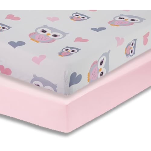 Everyday Kids 2 Pack Fitted Girls Crib Sheet, 100% Soft Breathable Microfiber Baby Sheet, Fits Standard Size Crib Mattress 28in x 52in, Nursery Sheet - Sweet Owls/Pink