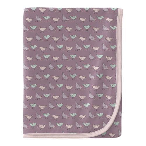 Print Swaddling Blanket in Lavender Chickens with Shrinking Violet Trim