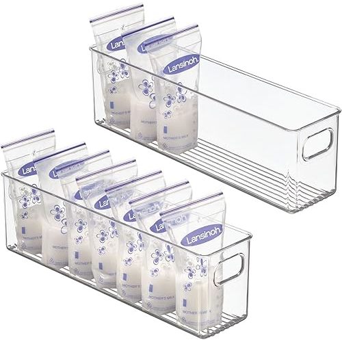 mDesign Plastic Long Stackable Storage Organizer Container, Organization Bin w/Handles for Kitchen, Pantry, Fridge, Freezer, Cabinet, Perfect to Hold Breast Milk - Ligne Collection - 2 Pack, Clear