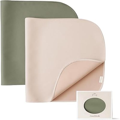 Konssy 2 Pack Faux Leather Baby Changing Mat 30"x17", Foldable and Wipeable Portable Changing Pad, Waterproof and Soft for Travel or Home Use (Fog Green,Beige)