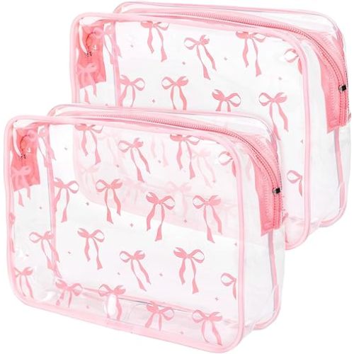 2Pcs Pink Bow Clear Makeup Bags Coquette Ribbon Bow Plastic Cosmetic Bags Waterproof Toiletry Travel Pouch for Women Girlfriend Bridesmaid Birthday Mother' s Day