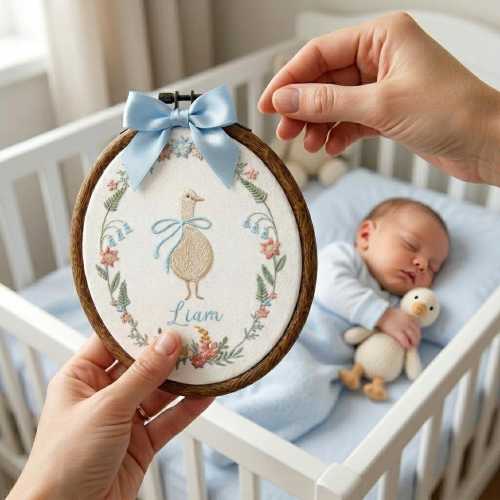 Personalized Goose Embroidery Hoop - Custom Baby Name Nursery Decor, Baby Announcement Sign, Baby Boy Nursery Decor