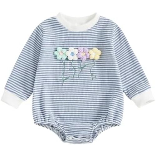 Newborn Baby Girl Romper 3D Flower Fall Winter Clothes Striped Waffle Bubble Sweatshirt Cute Coming Home Outfit