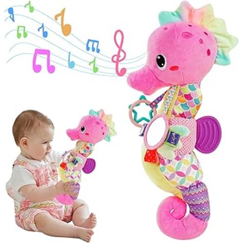 Baby Sensory Toys 0-6 3-6 Months Musical Stuffed Animal Plush Pink Seahorse for Infant 6-12 Month Tummy Time with Baby Mirror Newborn Crinkle Developmental Toy Girls Boys Birthday Gifts 0-3 4 5 Month