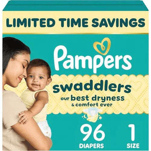Pampers Swaddlers Diapers, Size 1 (8-14 lbs), 96 Count, Absorbent, Keeps Baby Dry and Comfortable, Skin Safe Disposable Baby Diaper (Packaging May Vary)