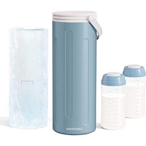 Portable Breast Milk Cooler for Travel, 22oz Large Capacity Breastmilk Chiller for Working Moms, 360° Cooling Keeps Milk Chilled 24 Hours, Includes 2 Baby Bottles, Breastfeeding Essentials