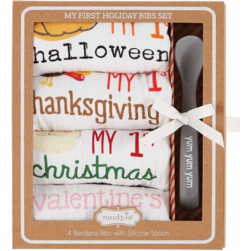 Baby My 1st Holiday Assorted 4-Pack Bibs & Spoon Set, White