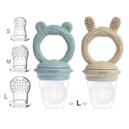 Mssiliyow Baby Fresh Fruit Feeder Pacifier 2 Pack Food Grade BPA-Free Silicone Pouches and Nipples Infant Baby Teether Toy 3M+ (Green Bear & Khaki Bunny)