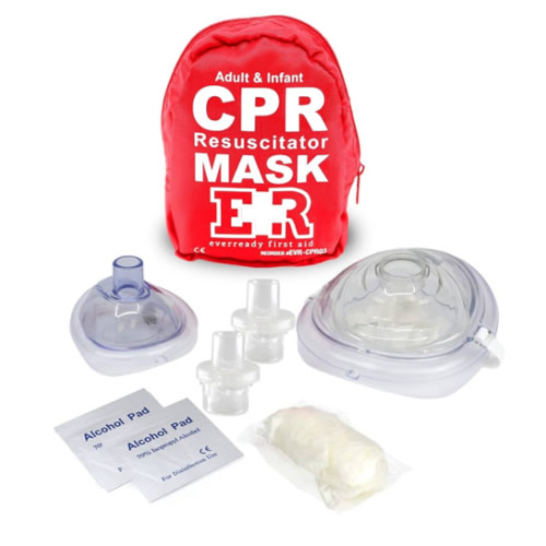 Adult and Infant CPR Mask Combo Kit – Includes 2 CPR Masks with One-Way Valves, Pair of Vinyl Gloves, 2 Alcohol Prep Pads – Portable Emergency CPR Kit – Red