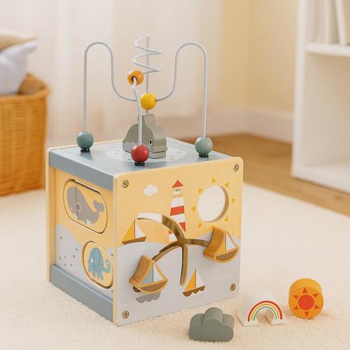 Montessori 5-in-1 Wooden Activity Cube, Educational Toy for Babies and Toddlers, Shape Sorter, Bead Maze, Early Learning Toy (6-24 months)