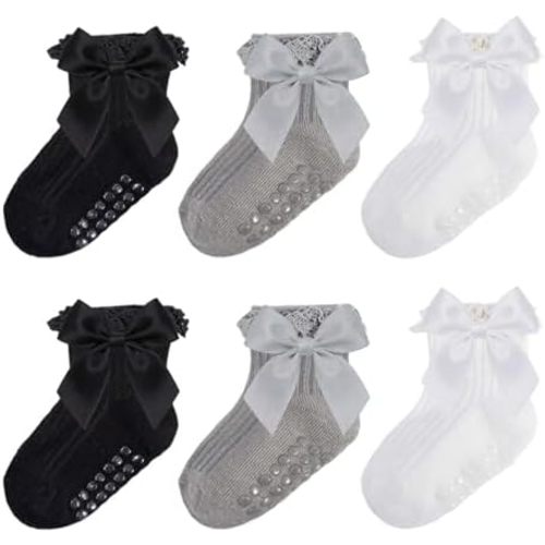 Baby Socks Baby Girl Non Slip Grip Ruffle Socks with Bows Soft Cotton Toddler Girl Sock with Grips Newborn Infant