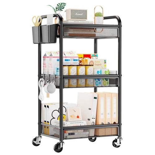 YASONIC 3 Tier Rolling Cart – Metal Utility Storage Carts with Wheels, Craft Cart Organizer with Hanging Cups, Hooks, Mesh Basket for Bedside Kitchen Office Art, Black