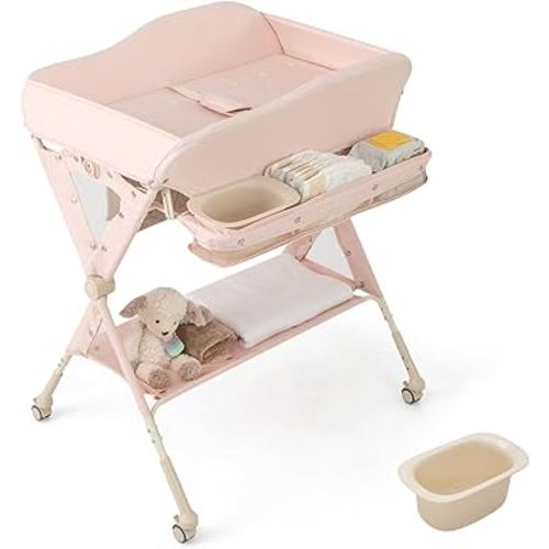 BABY JOY Portable Baby Changing Table, Foldable Diaper Changing Station w/Wheels, Adjustable Height, Large Storage Rack, Water Basin, Safety Belt, Mobile Nursery Organizer for Newborn Infant (Pink)