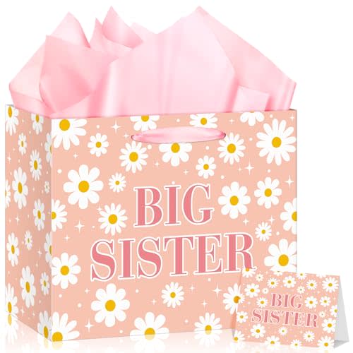 Big Sister Gift Bag for Girls, Pink Daisy Flower Big Sister Gift Bag with Tissue Paper and Greeting Card Daisy Flower Wrapping Paper New Sister Party Decor for Little Girl Birthday Party Supplies