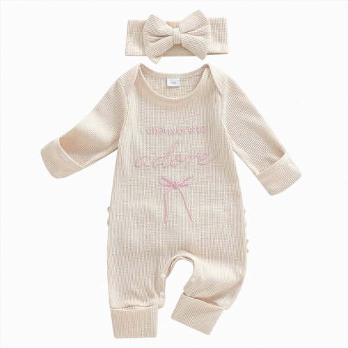 CAICJ98 Baby Girls Clothes Letter Embroidery Long Sleeve Romper Bow Waffle Knit Ruffled Newborn Infant Winter Fall Spring Outfit with Headband (Beige,0-3 Months)