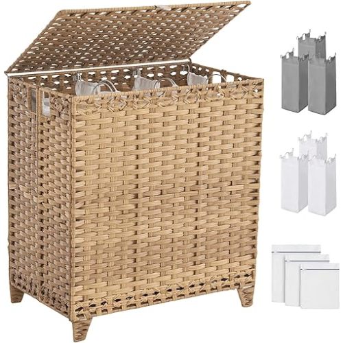 Laundry Hamper with Lid, 190L Large Laundry Basket 3 Section with 6 Removable Liner Bags & 3 Mesh Laundry Bags, Handwoven Rattan Clothes Hamper with Heightened Feet, No Install Needed, Natural