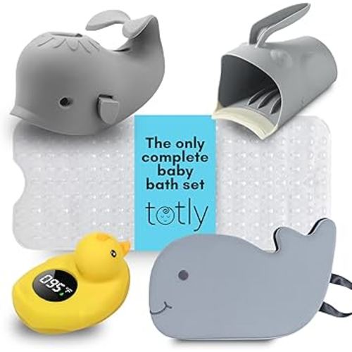 5pcs Baby Bath Essentials Set - Complete Bathtime Kit with Rinse Cup, Spout Cover, Kneeler, Thermometer & Non-Slip Mat for Newborn