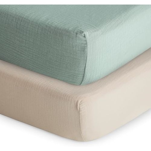 mushie Extra Soft Muslin Fitted Crib Sheet 2-Pack | 192 Thread Count | 28"x 52" (Roman Green/Fog)