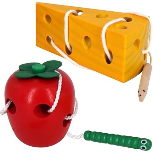 Early Development Wooden Lacing Toys, Montessori Activity Caterpillars Eat Apple and Kids Cheese Toys, Children Learning Educational Wood Block Puzzles for Toddlers Boys Girls