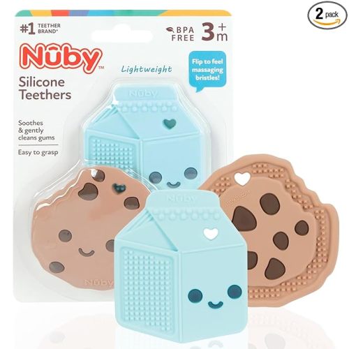 Nuby All Silicone Chocolate Chip Cookie & Milk Carton Teether – 2 Pack, 3+ Months