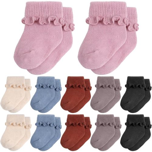 Toulite 12 Pairs Baby Ankle Socks Ruffle Turn Cuff Cotton Non-slip Warm Socks for Girls and Boys Infant
