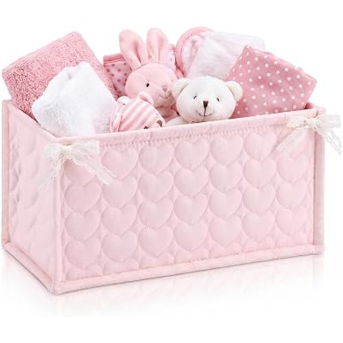 Havawish Pink Heart Quilted Nursery Basket with Bow for Girls Diaper Caddy