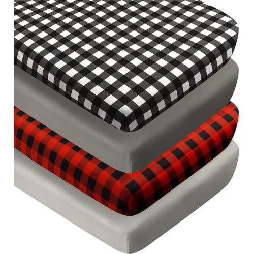 4 Pack Buffalo Check Plaid Neutral Unisex Fitted Baby Crib Sheets Set for Baby Boys or Girls (Black)