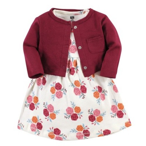 Hudson Baby Infant Girl Cotton Dress and Cardigan Set, Autumn Rose, 9-12 Months