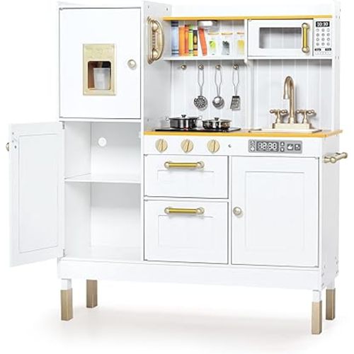 Kinder King Wooden Kids Play Kitchen, Kitchen Playset for Toddler Kid, Play Kitchen Toy Set w/Real Sounds, Pretend Microwave Oven, Ice Maker, Telephone, Gift for Boys Girls Age 3+, White