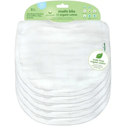 green sprouts Muslin Bibs Made from Organic Cotton| 4 Absorbent Layers Protect from sniffles, Drips, & drools | 100% Organic Cotton Muslin, Adjustable snap Closure, Machine Washable,5 Count